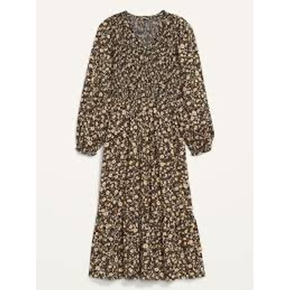 Old Navy Womens Small Petite Floral Smocked V-Neck Midi Dress Long Sleeve Brown